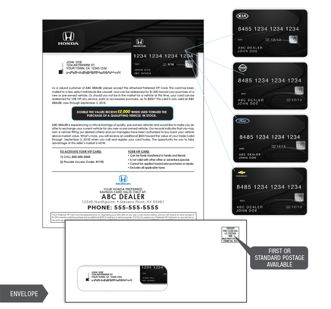 Honda promotional envelope and gift cards.