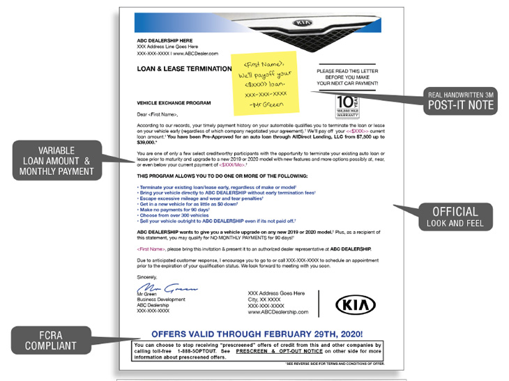 Loan and lease termination notice from dealership.